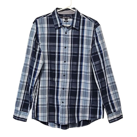 Michael Kors Long Sleeve Button Down Men's Shirt Blue Gray Plaid Size L - Picture 1 of 10